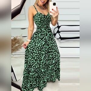 Womens Full Size Spaghetti Strap Green Leopard Print Maxi Dress Plus Size